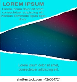 Torn paper tri-fold  design brochure in blue color and galaxies background.