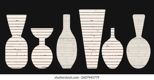Torn paper vase collage set with ancient ceramic illustrations. Scrapbooking cutouts of jars, pots, flowers, and modern craft objects in soft colours.