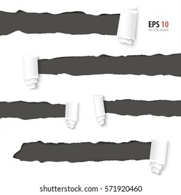 Torn paper vector. Collection of holes in white paper. Torn sides with ripped edges on realistic gray paper background. Torn side set of banners with space for text. Torn paper template, design