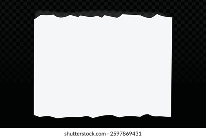Torn Paper Vector: Jagged Edges, White Sheet, Dark Checkered Background, Realistic Texture, Transparent Element, Paper Mockup, Paper Illustration, 3D Appearance, Irregular Shape.