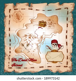 Torn paper vintage pirate treasure map on dead man island vector illustration