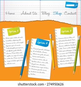 Torn paper website template design with pencils