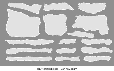 Torn Paper. White ripped paper strips collection. Realistic paper scraps with torn edges. torn paper pieces in various shapes. Decoration ornament art. Sticky notes 
