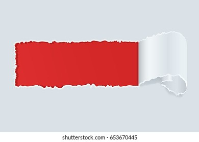 Torn paper window over red background. Vector 3d illustration
