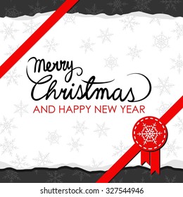 torn paper with wishes in English red ribbon and snowflake badge horizontal Christmas winter holidays card