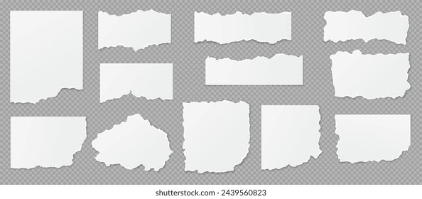 Torn papers realistic vector illustration set. Shreds pieces. Notebook pages with ripped edges 3d objects on transparent background collection