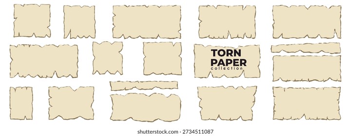 Torn parchment set. Old beige sheets with ragged edges. Vintage textured fragments for scrapbook, frame, letter, card, album, craft. Vector antique elements collection.