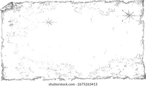 Ein zerrissenes Pergament mit einer skizzierten Kompassrose und verwitterten Rändern, monochrom.
