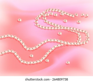 Torn pearl necklace on a pink silk. Vector illustration.