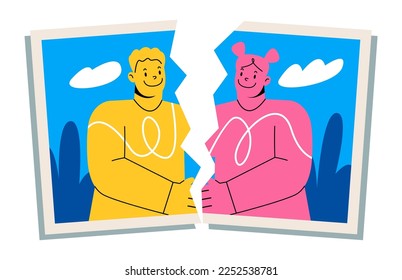 Torn photo of couple. divorce and break up. Colorful vector illustration 