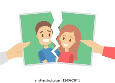 Torn photo of couple. Idea of divorce and break up. Problem in relationship and heartbreak. Flat vector illustration