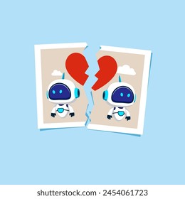 Torn photo of couple in love robots. End of mutual understanding. Modern vector illustration in flat style