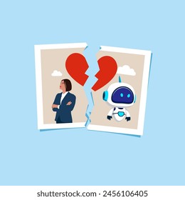 Torn photo of couple robot and woman. End of mutual understanding. Modern vector illustration in flat style