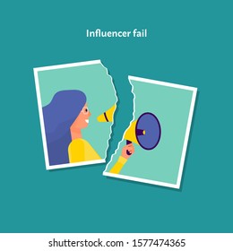 Torn photo of female influencer. Lost trust concept. Blue background. Flat style stock vector illustration.