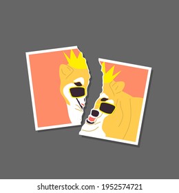 Torn photo of Shiba inu Japanese dog is wearing a golden crown and sunglasses. On gray background. Stock vector illustration.