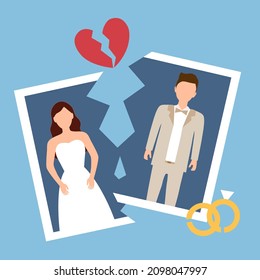 A Torn Photo Of Wedding Couple In Flat Design. Love Hurts. Breakup Lover Or Divorced Marriage.