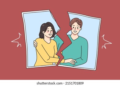 Torn picture of smiling couple show end of romantic relationship. Concept of breakup and divorce. Marriage dissolution and separation. Ex-couple relation photography. Vector illustration. 
