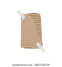 Torn piece of brown corrugated cardboard held by two pieces of transparent tape at the corners. Vector illustration for design elements, backgrounds, and crafts.