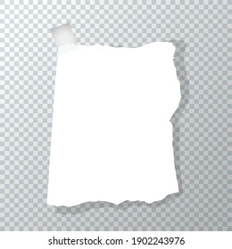 Torn piece of crumpled paper. Paper sticker is glued with tape on a transparent background. Note paper with adhesive tape for message. Flat vector cartoon note papers illustration.