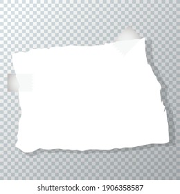 Torn piece of crumpled paper. Paper sticker is glued with tape on a transparent background. Note paper with adhesive tape for message. Flat vector cartoon note papers illustration.