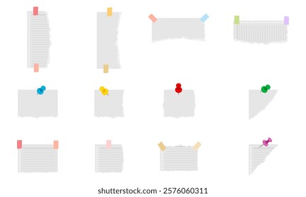 torn piece of paper with adhesive tape and push pin set vector illustration isolated on white background.