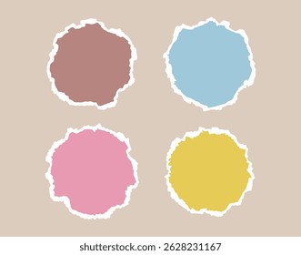 Torn piece of paper isolated circle shape. Piece of paper with a torn edge. Cute colors geometric shape with a white torn edge. Vector illustration
