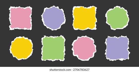 Pedazo de papel rasgado aislado círculo y forma cuadrada. Un pedazo de papel con el borde roto. Colores lindos forma geométrica con un borde desgarrado blanco. Ilustración vectorial
