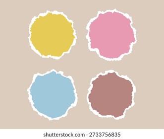 Forma isolada do círculo do pedaço de papel rasgado. Pedaço de papel com uma borda rasgada. Cores fofas forma geométrica com uma borda rasgada branca. Ilustração vetorial