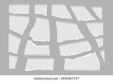 Torn piece of paper isolated on gray background. A set of different abstract backgrounds with rough torn edges and jagged shapes. For collage, text box, headline, frame. Vector illustration.