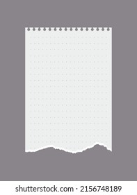 Pieza de papel rota de un cuaderno con puntos para escribir, ilustración vectorial realista aislada en fondo gris. Papel de bloc de notas, papel escolar y oficina.