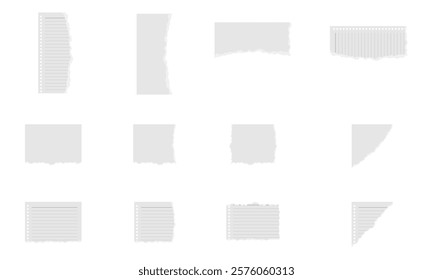 torn piece of paper notebook sticky note set vector illustration isolated on white background.