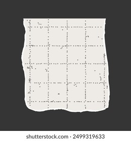 A torn piece of a sheet of checkered paper with jagged edges on a dark background. Dotted textured background, noisy gritty effect. Banner template, empty space for text, ripped sticker.