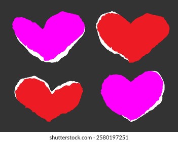 Torn piece, sheet of paper in the shape of a heart of different shapes. Frame, text box Valentine's day for banner, collage, notes. Romantic blank template for wedding. Vector illustration EPS