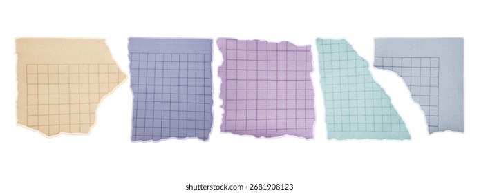 Trozos de papel a cuadros rotos. Trozos de colores del borde de un cuaderno escolar, una nota en blanco, parte de una página dañada de un cuaderno. Arte de collage contemporáneo, corte de borde irregular. Vector semitono.