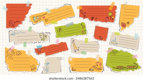 Torn pieces of colored paper. Childrens collage and doodles. Scrapbook. Applique. Back to school. Design template for school and kindergarten. Note message. Vector illustration. Isolated background