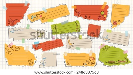 Torn pieces of colored paper. Childrens collage and doodles. Scrapbook. Applique. Back to school. Design template for school and kindergarten. Note message. Vector illustration. Isolated background