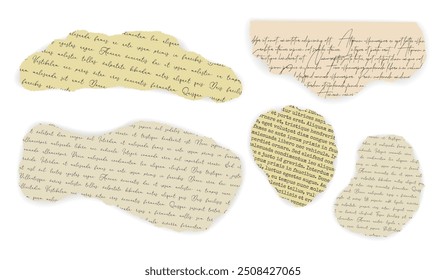 Torn pieces of old paper with handwpitten and typewriter text. Vector elements with tear paper effect. Sizable, editable vector.