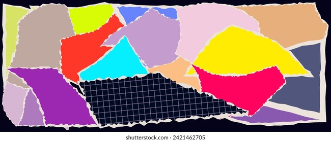 Torn pieces of paper. Cut out blank pages with torn edges. Multi-colored cardboard list, scrapbook, part of a colored sheet. A set of paper for notes, stickers, document, messages. Vector illustration