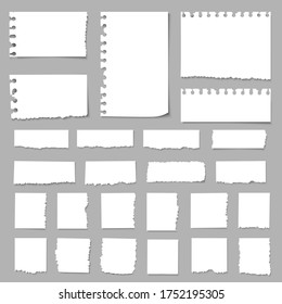 Torn pieces of paper, paper scraps,ripped papers, scrapbook note paper piece. Textured memo sheet, notebook shred. Vector set isolated paper pieces