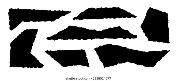 Torn pieces of paper set. Black cutout shapes with jagged edges. Ripped different fragments collection. Textured grunge element bundle for collage, text box, banner, sticker. Vector illustration