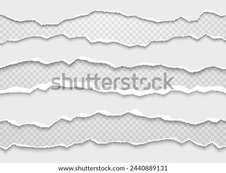 Torn and torn pieces of white and gray paper with soft shadow. Vector illustration.