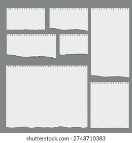 Torn pieces of white lined notebook paper on a gray background,Torn Lined Paper Pieces Collection on Grey Background,paper cut,torn paper,note paper cut
