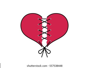 Torn pink heart like broken love sewn with black thread on white background. Vector card for Valentine's Day.