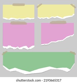 Torn of pink,green and yellow note, notebook paper strips, pieces stuck on grey background. Vector illustration.