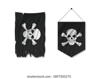 Torn Pirate black flag and pennant flag isolated on white background. Vector illustration.