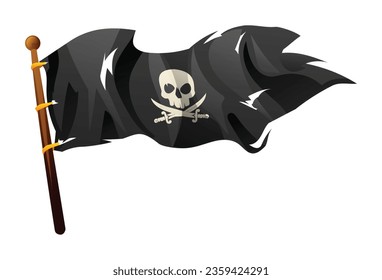Torn pirate flag with skull and crossbones vector cartoon illustration isolated on white background