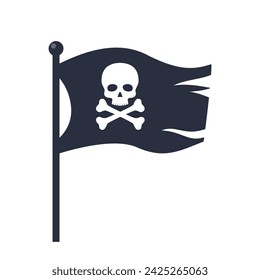 Torn pirate flag with white skull icon. Waving black flag with crossbones emblem. Vector illustration