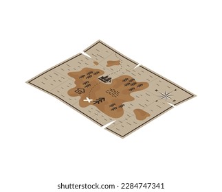 Torn pirate paper map isometric icon 3d vector illustration