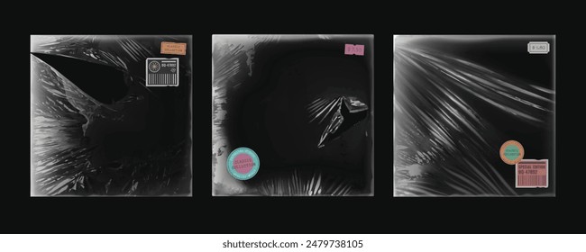 Torn plastic film covers set for music album isolated on black background. Vector realistic illustration of damaged polyethylene package mockups with wrinkled surface, price stickers, vintage effect