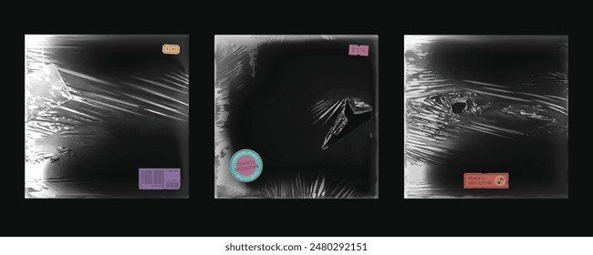 Torn plastic film covers set for music album isolated on black background. Vector realistic illustration of damaged polyethylene package mockups with wrinkled surface, price stickers, vintage effect